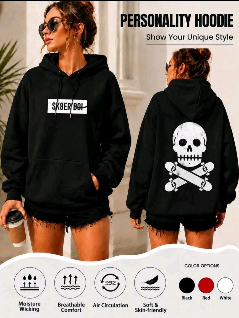 Black Graphic Skull & Skateboard Hoodie - Women's Pullover Sweater
